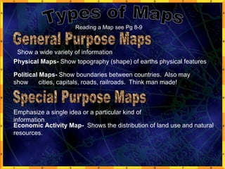 Reading a Map see Pg 8-9
Physical Maps- Show topography (shape) of earths physical features
Political Maps- Show boundaries between countries. Also may
show cities, capitals, roads, railroads. Think man made!
Emphasize a single idea or a particular kind of
information
Show a wide variety of information
Economic Activity Map- Shows the distribution of land use and natural
resources.
 