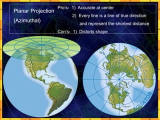 Planar Projection
(Azimuthal)
Pro’s- 1) Accurate at center
2) Every line is a line of true direction
and represent the shortest distance
Con’s- 1) Distorts shape
 