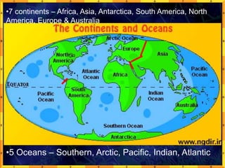 •7 continents – Africa, Asia, Antarctica, South America, North
America, Europe & Australia
•5 Oceans – Southern, Arctic, Pacific, Indian, Atlantic
 
