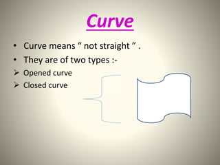 Curve 
• Curve means “ not straight ” . 
• They are of two types :- 
 Opened curve 
 Closed curve 
 
