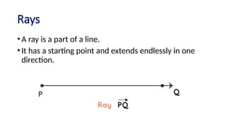 Rays
•A ray is a part of a line.
•It has a starting point and extends endlessly in one
direction.