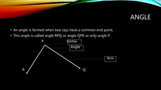 ANGLE
• An angle is formed when two rays have a common end point.
• This angle is called angle RPQ or angle QPR or only angle P.
P Vertex
Angle
Arm
R Q
 