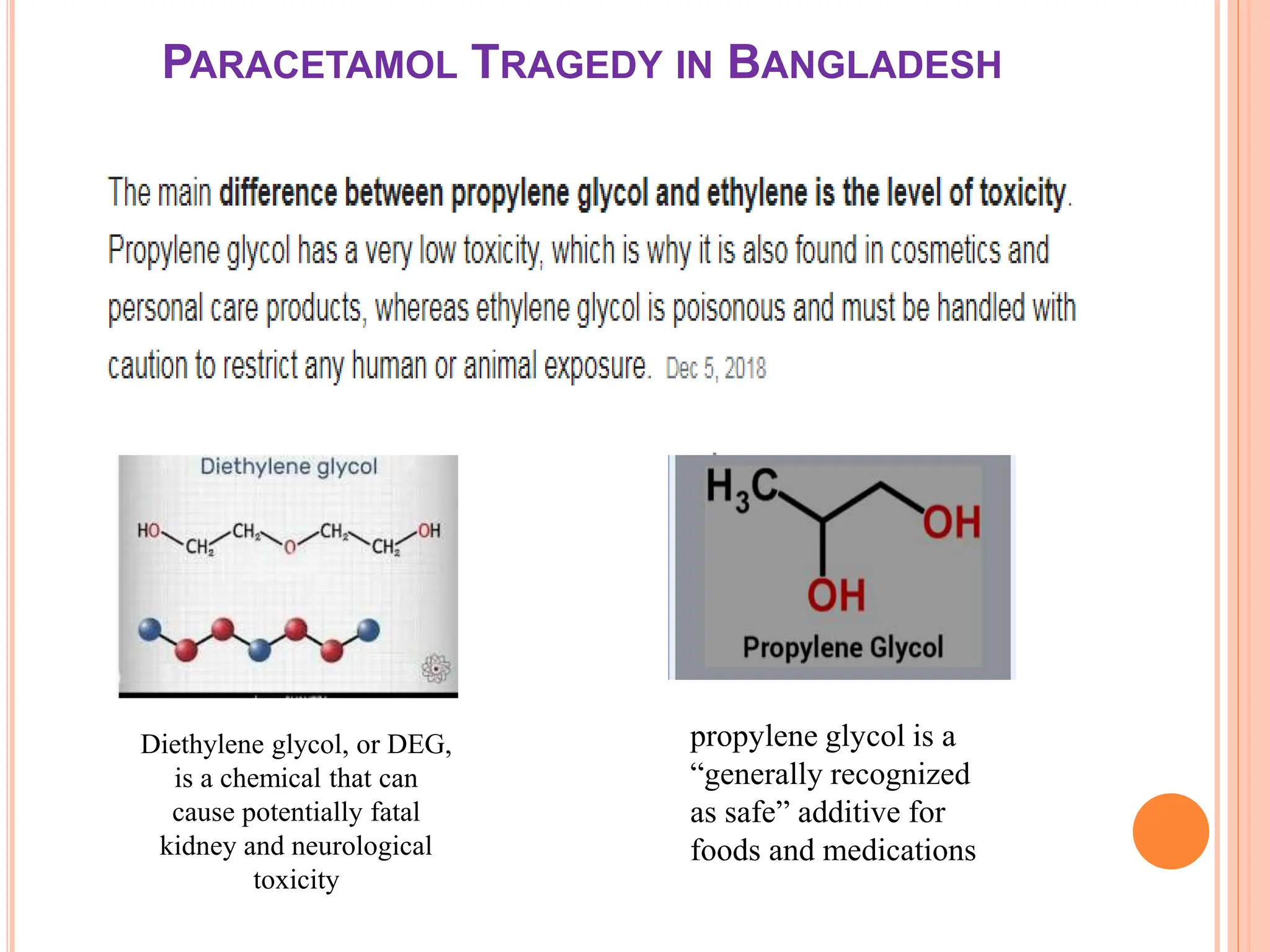 PARACETAMOL TRAGEDY IN BANGLADESH
propylene glycol is a
“generally recognized
as safe” additive for
foods and medications
Diethylene glycol, or DEG,
is a chemical that can
cause potentially fatal
kidney and neurological
toxicity
 