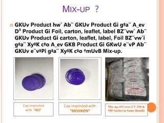 MIX-UP ?
 GKUv Product hw` Ab¨ GKUv Product Gi g‡a¨ A_ev
D³ Product Gi Foil, carton, leaflet, label BZ¨vw` Ab¨
GKUv Product Gi carton, leaflet, label, Foil BZ¨vw`i
g‡a¨ Xy‡K c‡o A_ev GKB Product Gi GKwU e¨vP Ab¨
GKUv e¨v‡Pi g‡a¨ Xy‡K c‡o †mUvB Mix-up.
Cap imprinted
with “ACI”
Cap imprinted with
“MEDIKON”
Mix-up of Cerox CV 250 &
500 Sachet in Same Bundle
 