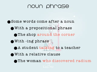 Noun phrase

• Some words come after a noun
 • With a prepositional phrase

   • The shop around the corner
 • With -ing phrase

   • A student talking to a teacher
 • With a relative clause

   • The woman who discovered radium
 