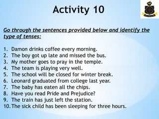 Activity 10
Go through the sentences provided below and identify the
type of tenses:
1. Damon drinks coffee every morning.
2. The boy got up late and missed the bus.
3. My mother goes to pray in the temple.
4. The team is playing very well.
5. The school will be closed for winter break.
6. Leonard graduated from college last year.
7. The baby has eaten all the chips.
8. Have you read Pride and Prejudice?
9. The train has just left the station.
10.The sick child has been sleeping for three hours.
 
