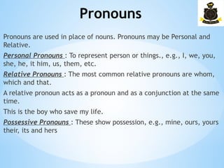 Pronouns
­
Pronouns are used in place of nouns. Pronouns may be Personal and
Relative.
Personal Pronouns : To represent person or things., e.g., I, we, you,
she, he, it him, us, them, etc.
Relative Pronouns : The most common relative pronouns are whom,
which and that.
A relative pronoun acts as a pronoun and as a conjunction at the same
time.
This is the boy who save my life.
Possessive Pronouns : These show possession, e.g., mine, ours, yours
their, its and hers
 