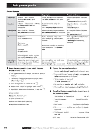 114 Photocopiable Text Award © Macmillan Publishers Ltd 2012. This page may be photocopied for use in class.
Basic grammar practice
Future tenses
will be going to Present continuous
Afirmativa
Negativa
Interrogativa
Subjecte + will + infinitiu:
Teenagers will have a better
education.
Subjecte + will not/won’t + infinitiu:
He will not (won’t) win the
competition.
Will + subjecte + infinitiu:
Will you bring it tomorrow?
Subjecte + be going to + infinitiu:
I’m going to buy some new jeans.
Subjecte + be not going to +
infinitiu:
She’s not going to go on holiday.
Be + subjecte + going to + infinitiu:
Are they going to get the bus home?
Subjecte + be + verb acabat en
-ing:
I’m meeting my friends tonight.
Subjecte + be not + verb acabat
en -ing:
I’m not flying there.
Be + subjecte + verb acabat en
-ing:
Are you taking a train?
Ús Prediccions:
I think she’ll be famous.
Oferiments:
I’ll give you a lift.
Promeses:
I’ll study harder.
Decisions preses mentre es parla:
Don’t worry, I’ll buy some more.
Plans i intencions per al futur:
She’s going to fly to New York this
summer.
Prediccions basades en fets obvis:
Look at the clouds – it’s going to
rain.
Plans segurs fixats amb antelació
per al futur pròxim:
I’m having lunch with Sally
tomorrow.
Expressions
temporals
this evening, later, next week, soon,
tomorrow, in an hour, in the future:
I think it will rain later.
this evening, later, next week, soon,
tomorrow, in an hour:
We are going to buy a new car soon.
this evening, later, next week, soon,
tomorrow, in an hour, on Saturday:
Audrey is coming on Sunday.
1	 Read the sentences (1–5) and match them to
their functions (a–e).
1	 The light is changing to orange. The cars are going to
stop.
2	 I think they will employ three more people in the
office next year.
3	 She’s driving home on Sunday at 1.00.
4	 When I finish school, I’m going to live in Paris.
5	 If you don’t understand the exercise, I’ll help you.
a)	a prediction
b)	a plan in the near future
c)	 plans for the future
d)	a decision made when speaking
e)	a prediction based on a fact
2	 Choose the correct alternatives.
1	 Damian is playing/will play football in the park later.
2	 In your opinion, are houses being/are houses going
to be more expensive in the future?
3	 ‘What shopping do you need?’
‘I’ll write/’m writing a list.’
4	 He promises he is going to try/will try harder.
5	 Where will you meet/are you meeting Philip later?
3	 Complete the sentences with the correct form of
the verbs in brackets.
1	 Stop jumping on the bed, you (fall off).
2	 Scientists say cars (not use) petrol in
2050.
3	 Don’t worry! I (buy) some milk for you.
4	 We (get) our new car from the garage
tomorrow.
5	 This bicycle is so old. I (change) it for a
new one.
6	 My mum (arrive) at the airport at 6.00.
 