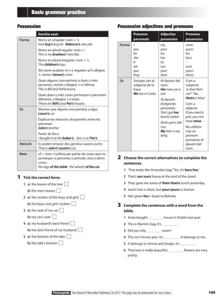 109Photocopiable Text Award © Macmillan Publishers Ltd 2012. This page may be photocopied for use in class.
Basic grammar practice
Possession
Genitiu saxó
Forma Noms en singular: nom + ’s:
that boy’s bicycle Rebecca’s new job
Noms en plural regular: nom + ’:
This is my brothers’ new flat.
Noms en plural irregular: nom + ’s:
The children’s toys.
Als noms acabats en s a vegades se’ls afegeix
’s: James’/James’s sister
Quan alguna cosa pertany a dues o més
persones, només s’afegeix ’s a l’última:
This is Bill and Pat’s house.
Quan dues o més coses pertanyen a persones
diferents, s’afegeix ’s a totes:
These are Bill’s and Pat’s houses.
Ús Mostrar que alguna cosa pertany a algú:
Laura’s car
Explicar les relacions de parentiu entre les
persones:
John’s brother
Parlar de llocs:
I bought it at the baker’s. Ann is at Tim’s.
Atenció Es poden emprar dos genitius saxons junts:
That is John’s cousin’s car.
Nota of + nom: s’utilitza per parlar de coses que no
pertanyen a persones o animals, sino a altres
coses:
the legs of the table the wheels of the car
1	 Tick the correct form.
1	 a)	the leaves of the tree
	 b)	the tree’s leaves
2	 a)	the rackets of the boys and girls
	 b)	the boys’and girls’rackets
3	 a)	the seat of my car
	 b)	my car’s seat
4	 a)	my husband’s best friend
	 b)	the best friend of my husband
5	 a)	the bottom of the lake
	 b)	the lake’s bottom
Possessive adjectives and pronouns
Pronoms
personals
Adjectius
possessius
Pronoms
possessius
Forma I
you
he
she
it
we
you
they
my
your
his
her
its
our
your
their
mine
yours
his
hers
–
ours
yours
theirs
Ús Sempre són el
subjecte de la
frase:
We live in Cadis.
Al davant del
nom:
Her new car is
red.
Al davant
d’objectes
personals:
She’s got her
tennis racket.
Amb parts del
cos:
My hair is too
long.
Com a
subjecte:
‘Is that their
car?’ ‘No,
theirs is blue.’
Com a
objecte:
If you need a
pen, you can
have mine.
No utilitzis
mai un
pronom
possessiu al
davant del
nom.
2	 Choose the correct alternatives to complete the
sentences.
1	 ‘That looks like Amanda’s bag.’‘Yes, it’s hers/her.’
2	 That’s our/ours house at the end of the street.
3	 They gave me some of their/theirs lunch yesterday.
4	 Jane’s hair is short, but your/yours is shorter.
5	 He’s given his/– book to Belinda.
3	 Complete the sentences with a word from the
table.
1	 Anita bought house in Dublin last year.
2	 This is Martin’s bag. It’s .
3	 Did you tidy room?
4	 This isn’t Anna’s pen. It’s . It belongs to me.
5	 It belongs to Jimmy and Sergio. It’s .
6	 That tree is really beautiful. flowers are very
pretty.
 