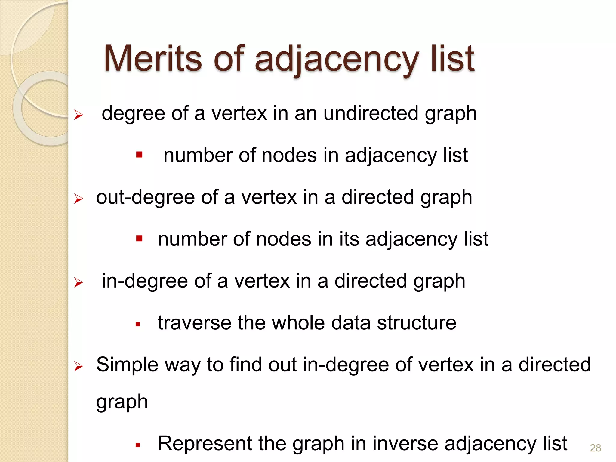 Merits of adjacency list 28  degree of a vertex in an undirected graph  number of nodes in adjacency list  out-degree of a vertex in a directed graph  number of nodes in its adjacency list  in-degree of a vertex in a directed graph  traverse the whole data structure  Simple way to find out in-degree of vertex in a directed graph  Represent the graph in inverse adjacency list 