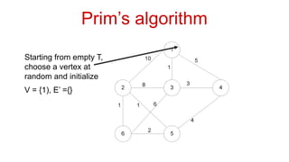 Prim’s algorithm
Starting from empty T,
choose a vertex at
random and initialize
V = {1), E’ ={}
 