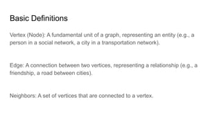 Basic Definitions
Vertex (Node): A fundamental unit of a graph, representing an entity (e.g., a
person in a social network, a city in a transportation network).
Edge: A connection between two vertices, representing a relationship (e.g., a
friendship, a road between cities).
Neighbors: A set of vertices that are connected to a vertex.
 
