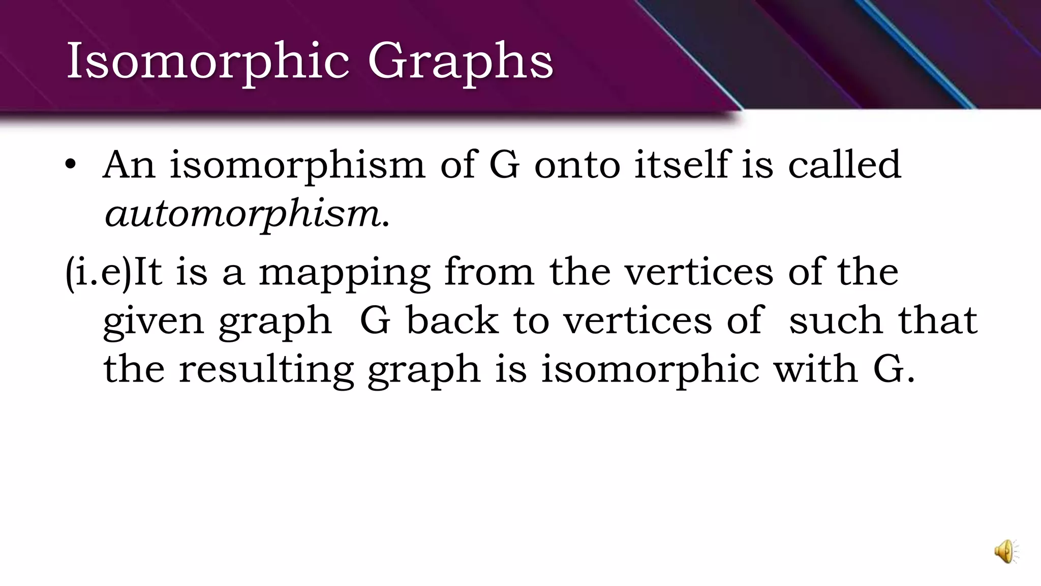 Isomorphic Graphs
• An isomorphism of G onto itself is called
automorphism.
(i.e)It is a mapping from the vertices of the
given graph G back to vertices of such that
the resulting graph is isomorphic with G.
 