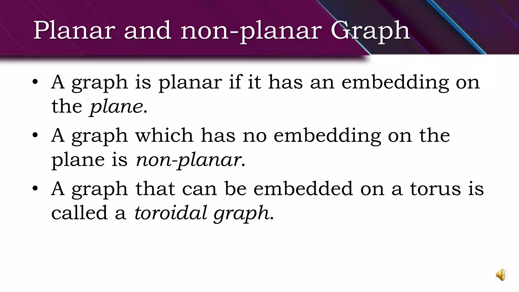 Planar and non-planar Graph
• A graph is planar if it has an embedding on
the plane.
• A graph which has no embedding on the
plane is non-planar.
• A graph that can be embedded on a torus is
called a toroidal graph.
 