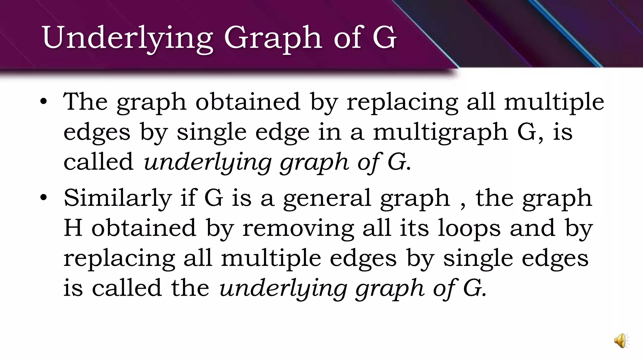 Underlying Graph of G
• The graph obtained by replacing all multiple
edges by single edge in a multigraph G, is
called underlying graph of G.
• Similarly if G is a general graph , the graph
H obtained by removing all its loops and by
replacing all multiple edges by single edges
is called the underlying graph of G.
 
