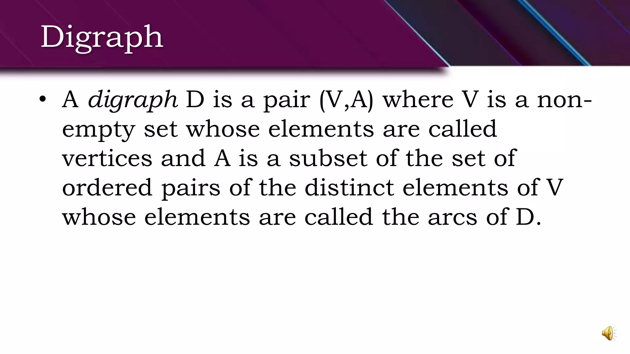 Digraph
• A digraph D is a pair (V,A) where V is a non-
empty set whose elements are called
vertices and A is a subset of the set of
ordered pairs of the distinct elements of V
whose elements are called the arcs of D.
 