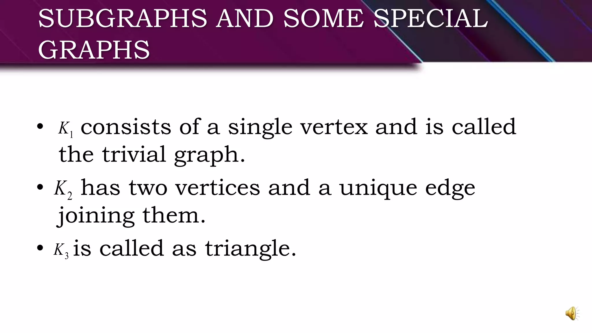 SUBGRAPHS AND SOME SPECIAL
GRAPHS
• consists of a single vertex and is called
the trivial graph.
• has two vertices and a unique edge
joining them.
• is called as triangle.
1K
2K
3K
 