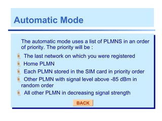 Automatic Mode
The automatic mode uses a list of PLMNS in an order
of priority. The priority will be :
 The last network on which you were registered
 Home PLMN
 Each PLMN stored in the SIM card in priority order
 Other PLMN with signal level above -85 dBm in
random order
 All other PLMN in decreasing signal strength
BACK
 