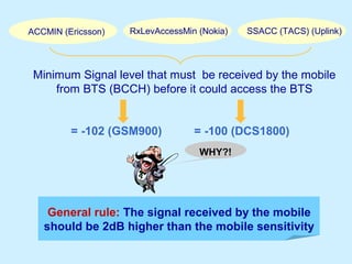 Minimum Signal level that must be received by the mobile
from BTS (BCCH) before it could access the BTS
RxLevAccessMin (Nokia)ACCMIN (Ericsson) SSACC (TACS) (Uplink)
= -102 (GSM900) = -100 (DCS1800)
General rule: The signal received by the mobile
should be 2dB higher than the mobile sensitivity
WHY?!
 