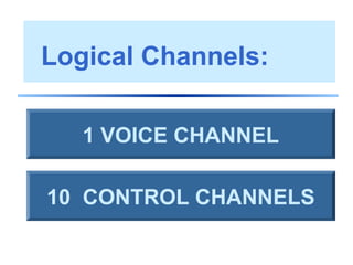 Logical Channels:
1 VOICE CHANNEL
10 CONTROL CHANNELS
 
