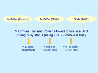 MsTxPwr (Nokia)MsTxPwr (Ericsson) PLVM (TACS)
= 33dBm
(GSM900)
= 30dBm
(DCS1800)
Maximum Transmit Power allowed to use in a BTS
during busy status (using TCH) - mobile is busy
= 0 (28dBm)
(DCS1800)
 