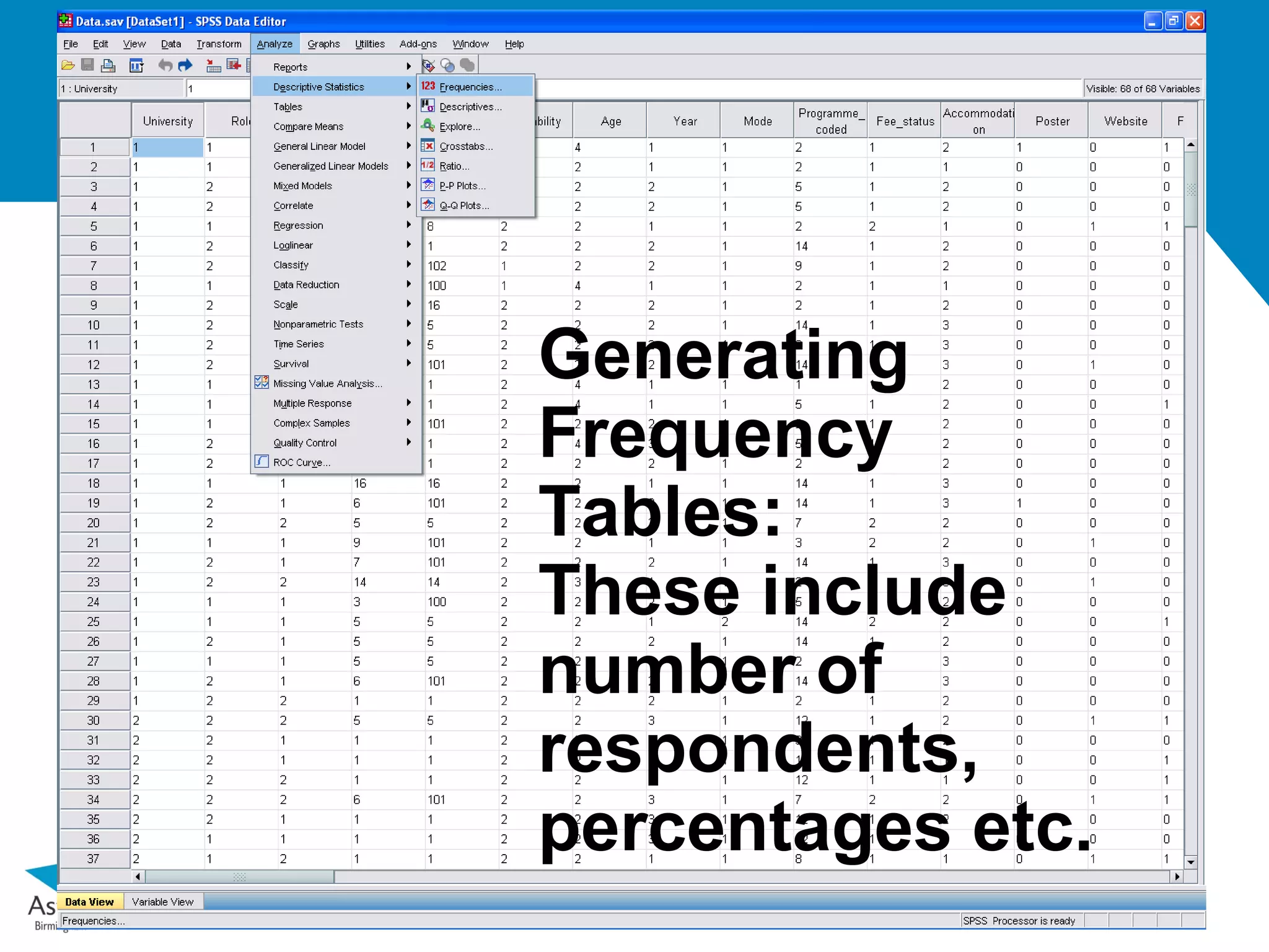 Generating
Frequency
Tables:
These include
number of
respondents,
percentages etc.
 