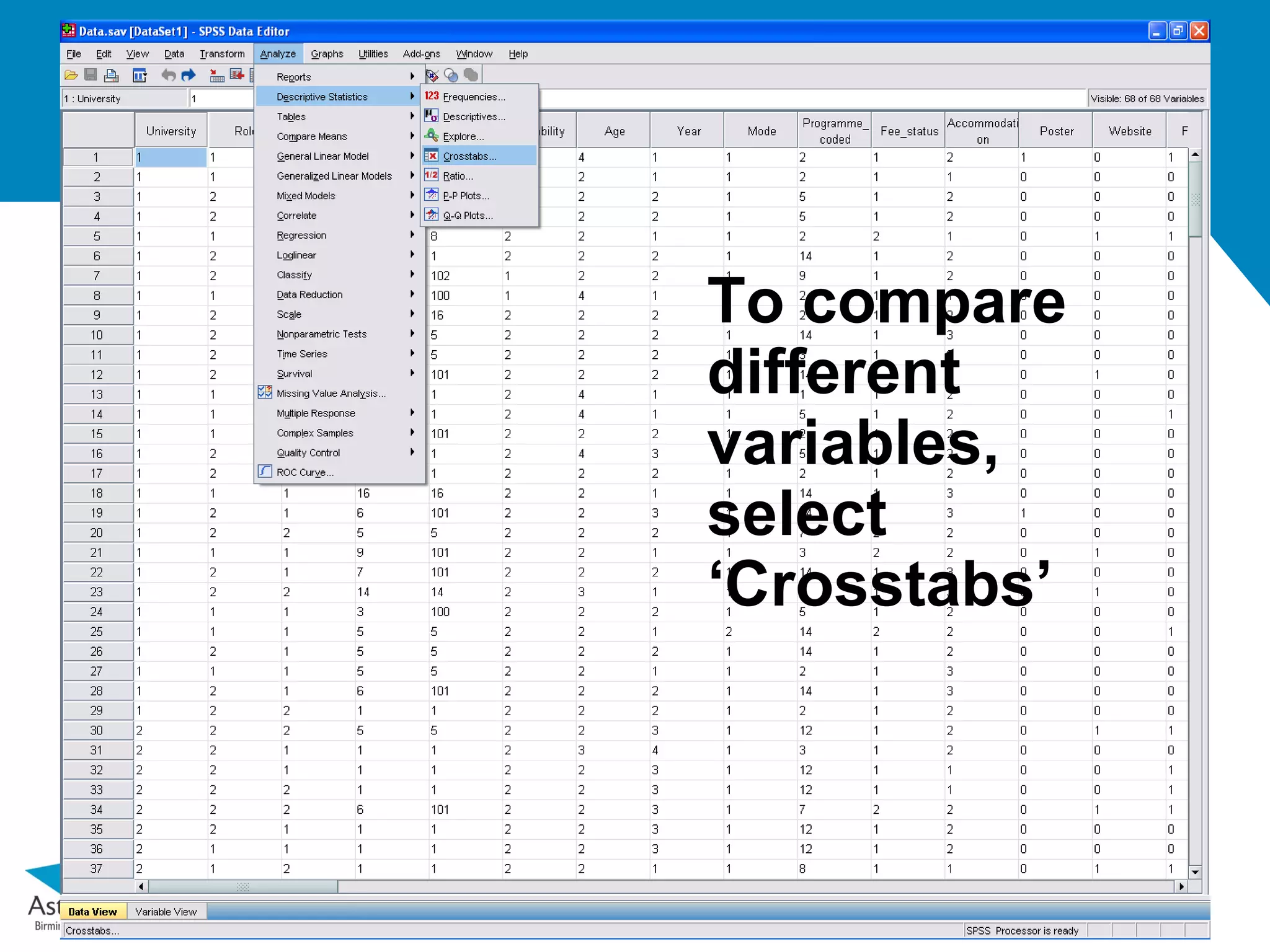 To compare
different
variables,
select
‘Crosstabs’
 