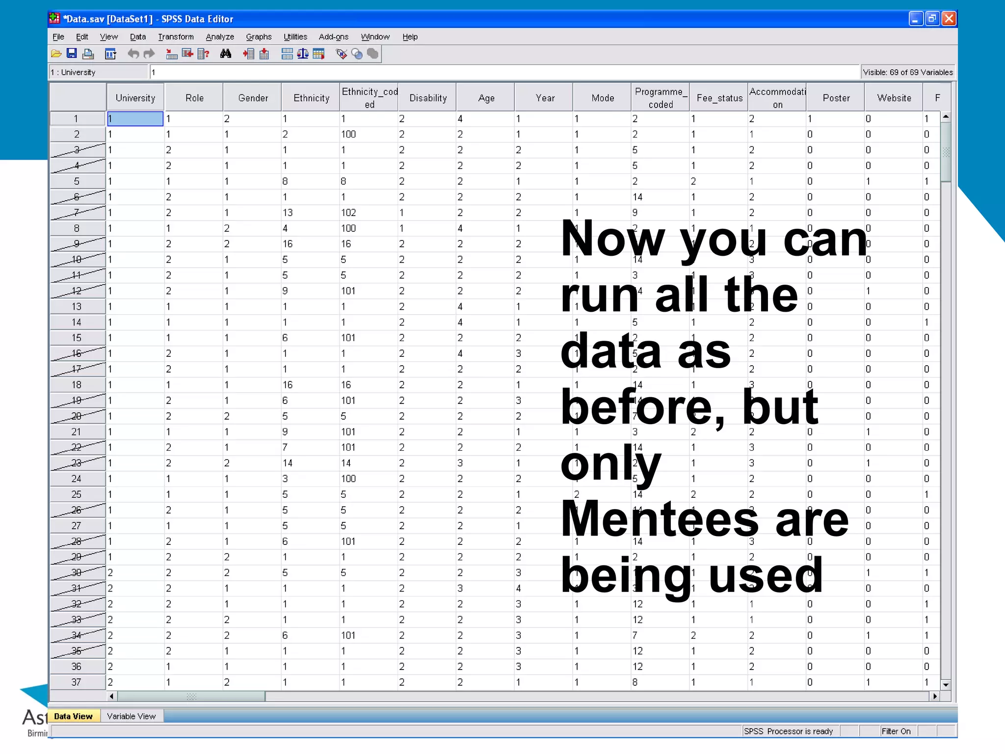 Now you can
run all the
data as
before, but
only
Mentees are
being used
 