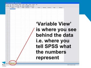 ‘Variable View’
is where you see
behind the data
i.e. where you
tell SPSS what
the numbers
represent
 