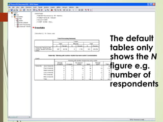 The default
tables only
shows the N
figure e.g.
number of
respondents
 