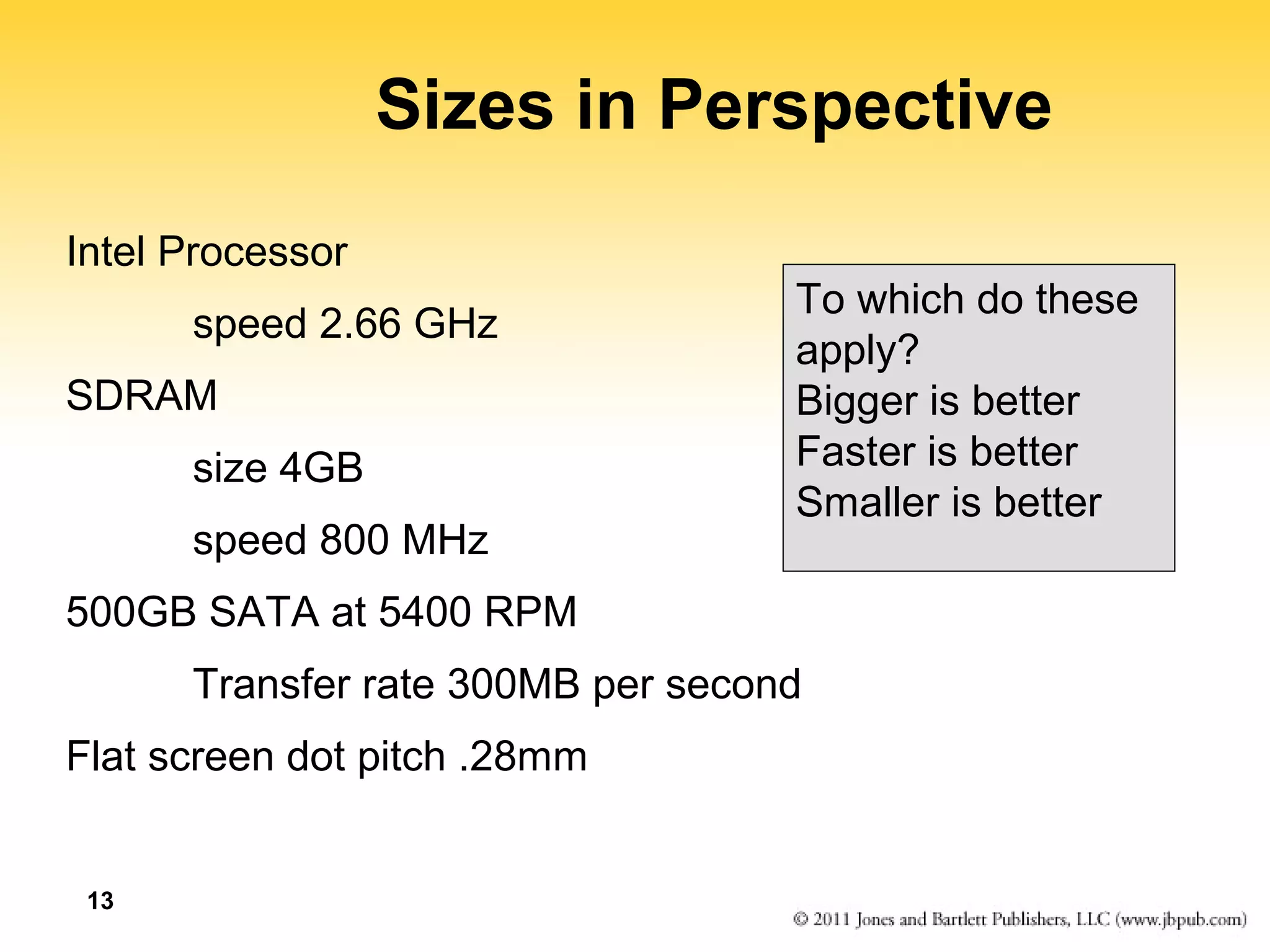 13 
Sizes in Perspective 
Intel Processor 
speed 2.66 GHz 
SDRAM 
size 4GB 
speed 800 MHz 
500GB SATA at 5400 RPM 
Transfer rate 300MB per second 
Flat screen dot pitch .28mm 
To which do these 
apply? 
Bigger is better 
Faster is better 
Smaller is better 
 