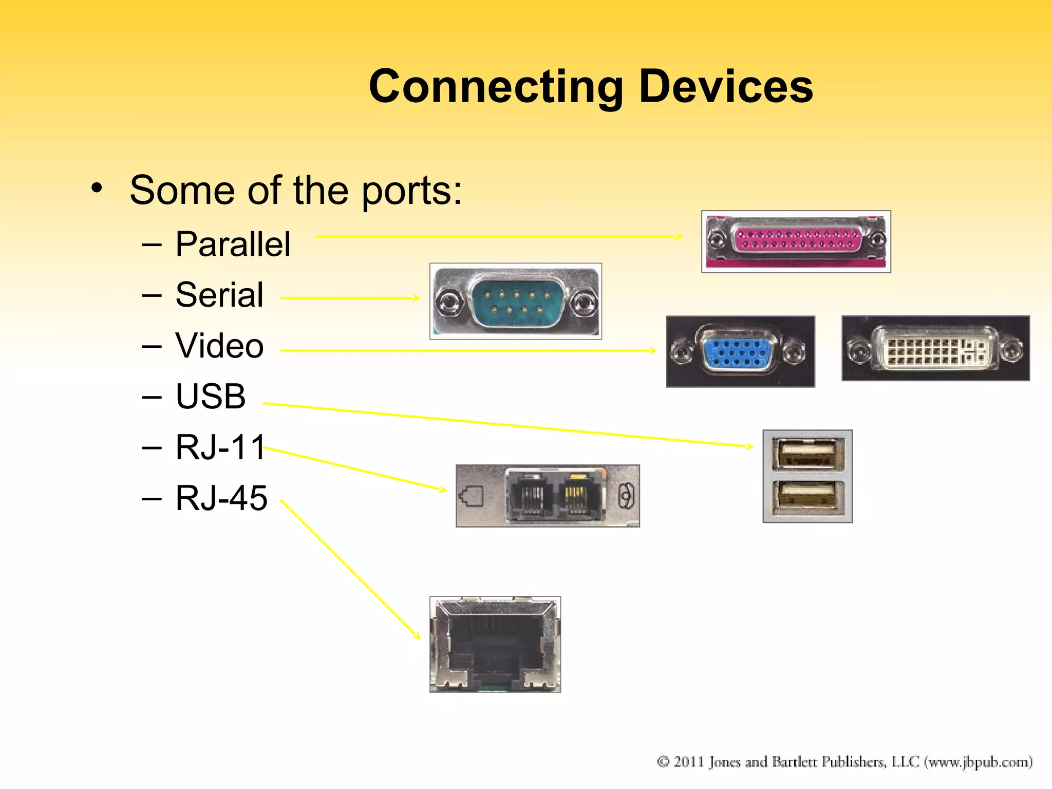 Connecting Devices 
• Some of the ports: 
– Parallel 
– Serial 
– Video 
– USB 
– RJ-11 
– RJ-45 
 