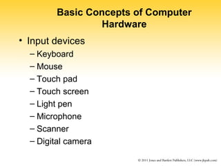 Basic Concepts of Computer 
Hardware 
• Input devices 
– Keyboard 
– Mouse 
– Touch pad 
– Touch screen 
– Light pen 
– Microphone 
– Scanner 
– Digital camera 
 
