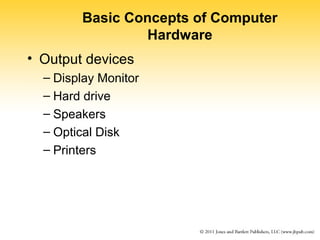 Basic Concepts of Computer 
Hardware 
• Output devices 
– Display Monitor 
– Hard drive 
– Speakers 
– Optical Disk 
– Printers 
 