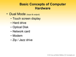 Basic Concepts of Computer 
Hardware 
• Dual Mode (input & output) 
– Touch screen display 
– Hard drive 
– Optical Disk 
– Network card 
– Modem 
– Zip / Jazz drive 
 