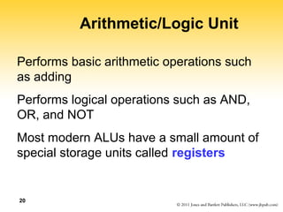 20 
Arithmetic/Logic Unit 
Performs basic arithmetic operations such 
as adding 
Performs logical operations such as AND, 
OR, and NOT 
Most modern ALUs have a small amount of 
special storage units called registers 
 