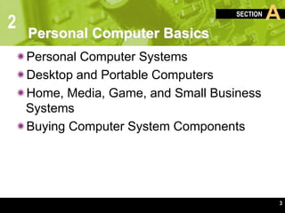 2
SECTION A
3
Personal Computer Basics
Personal Computer Systems
Desktop and Portable Computers
Home, Media, Game, and Small Business
Systems
Buying Computer System Components
 