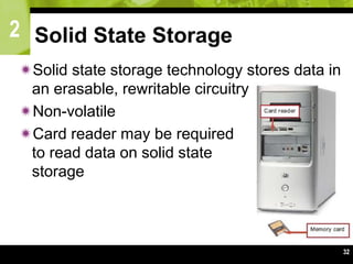 2
32
Solid State Storage
Solid state storage technology stores data in
an erasable, rewritable circuitry
Non-volatile
Card reader may be required
to read data on solid state
storage
 