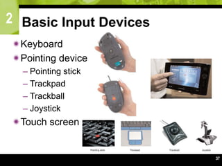 2
37
Basic Input Devices
Keyboard
Pointing device
– Pointing stick
– Trackpad
– Trackball
– Joystick
Touch screen
 