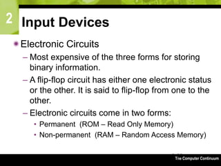 2
The Computer Continuum3-66
Input Devices
Electronic Circuits
– Most expensive of the three forms for storing
binary information.
– A flip-flop circuit has either one electronic status
or the other. It is said to flip-flop from one to the
other.
– Electronic circuits come in two forms:
• Permanent (ROM – Read Only Memory)
• Non-permanent (RAM – Random Access Memory)
 