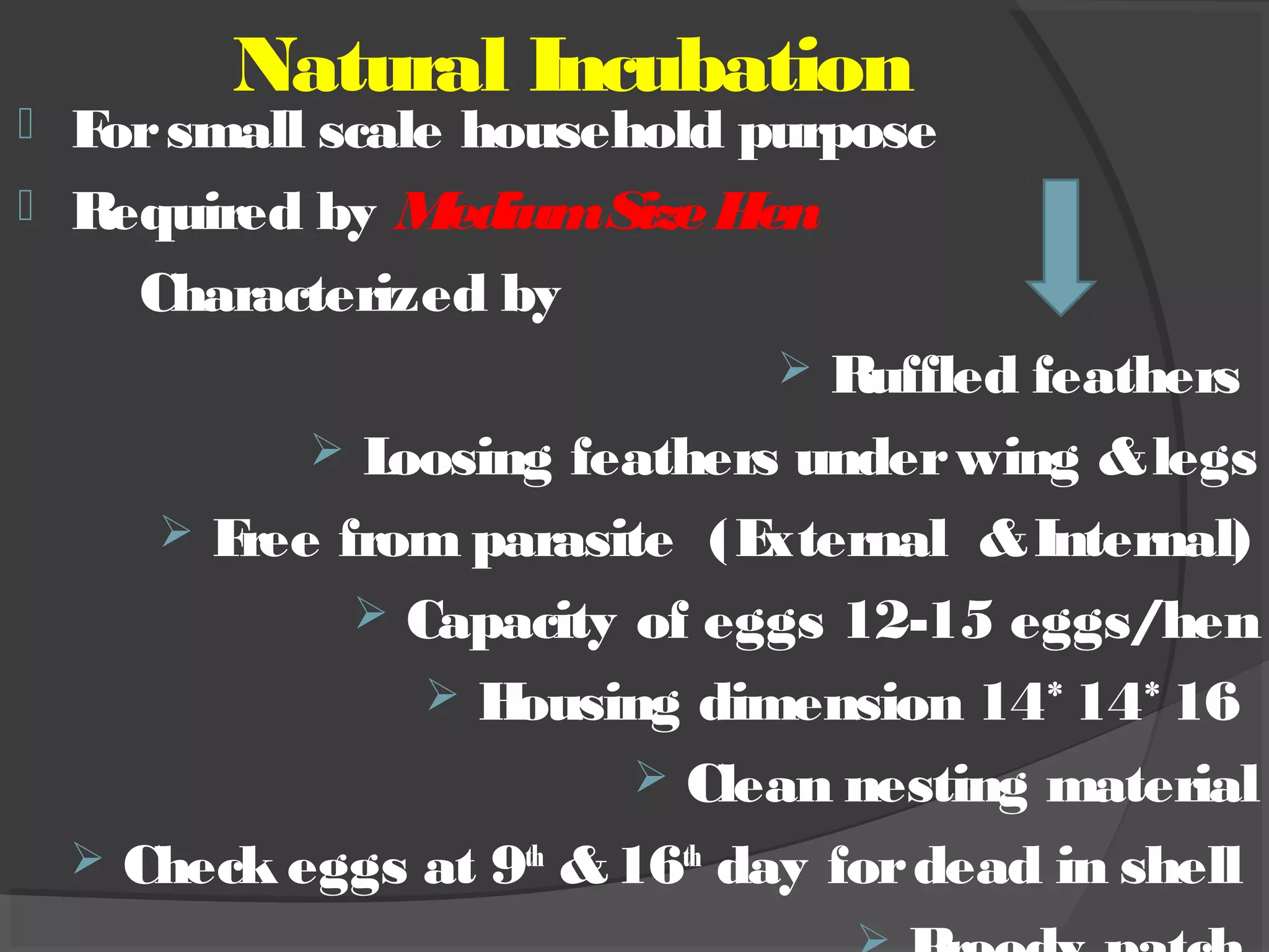 Natural Incubation
 Forsmall scale household purpose
 Required by MediumSizeHen
Characterized by
 Ruffled feathers
 Loosing feathers underwing &legs
 Free from parasite (External &Internal)
 Capacity of eggs 12-15 eggs/hen
 Housing dimension 14*14*16
 Clean nesting material
 Check eggs at 9th
&16th
day fordead in shell
 