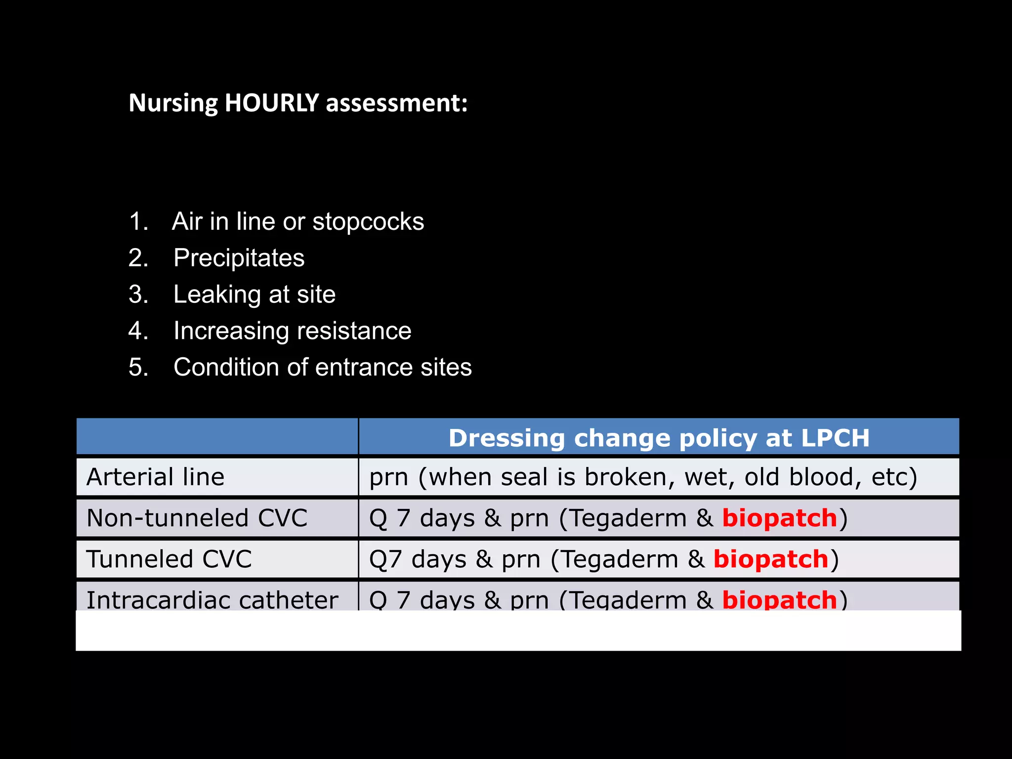 Nursing HOURLY assessment:
1. Air in line or stopcocks
2. Precipitates
3. Leaking at site
4. Increasing resistance
5. Condition of entrance sites
Dressing change policy at LPCH
Arterial line prn (when seal is broken, wet, old blood, etc)
Non-tunneled CVC Q 7 days & prn (Tegaderm & biopatch)
Tunneled CVC Q7 days & prn (Tegaderm & biopatch)
Intracardiac catheter Q 7 days & prn (Tegaderm & biopatch)
 