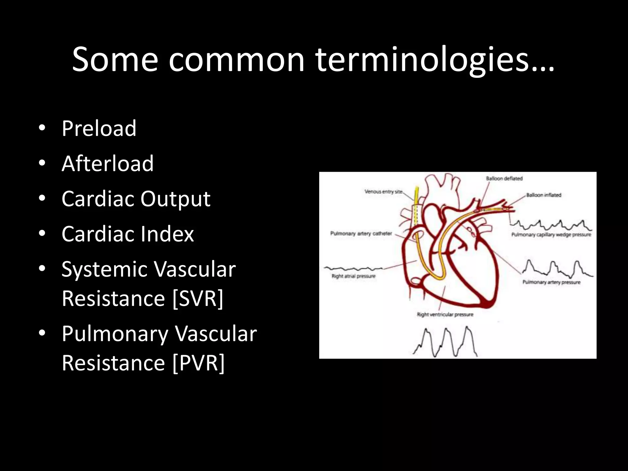 Some common terminologies…
• Preload
• Afterload
• Cardiac Output
• Cardiac Index
• Systemic Vascular
Resistance [SVR]
• Pulmonary Vascular
Resistance [PVR]
 