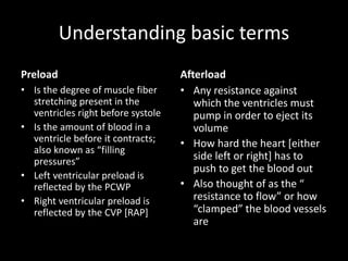 Understanding basic terms
Preload
• Is the degree of muscle fiber
stretching present in the
ventricles right before systole
• Is the amount of blood in a
ventricle before it contracts;
also known as “filling
pressures”
• Left ventricular preload is
reflected by the PCWP
• Right ventricular preload is
reflected by the CVP [RAP]
Afterload
• Any resistance against
which the ventricles must
pump in order to eject its
volume
• How hard the heart [either
side left or right] has to
push to get the blood out
• Also thought of as the “
resistance to flow” or how
“clamped” the blood vessels
are
 