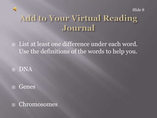 Slide 8Add to Your Virtual Reading JournalList at least one difference under each word. Use the definitions of the words to help you.DNAGenesChromosomes