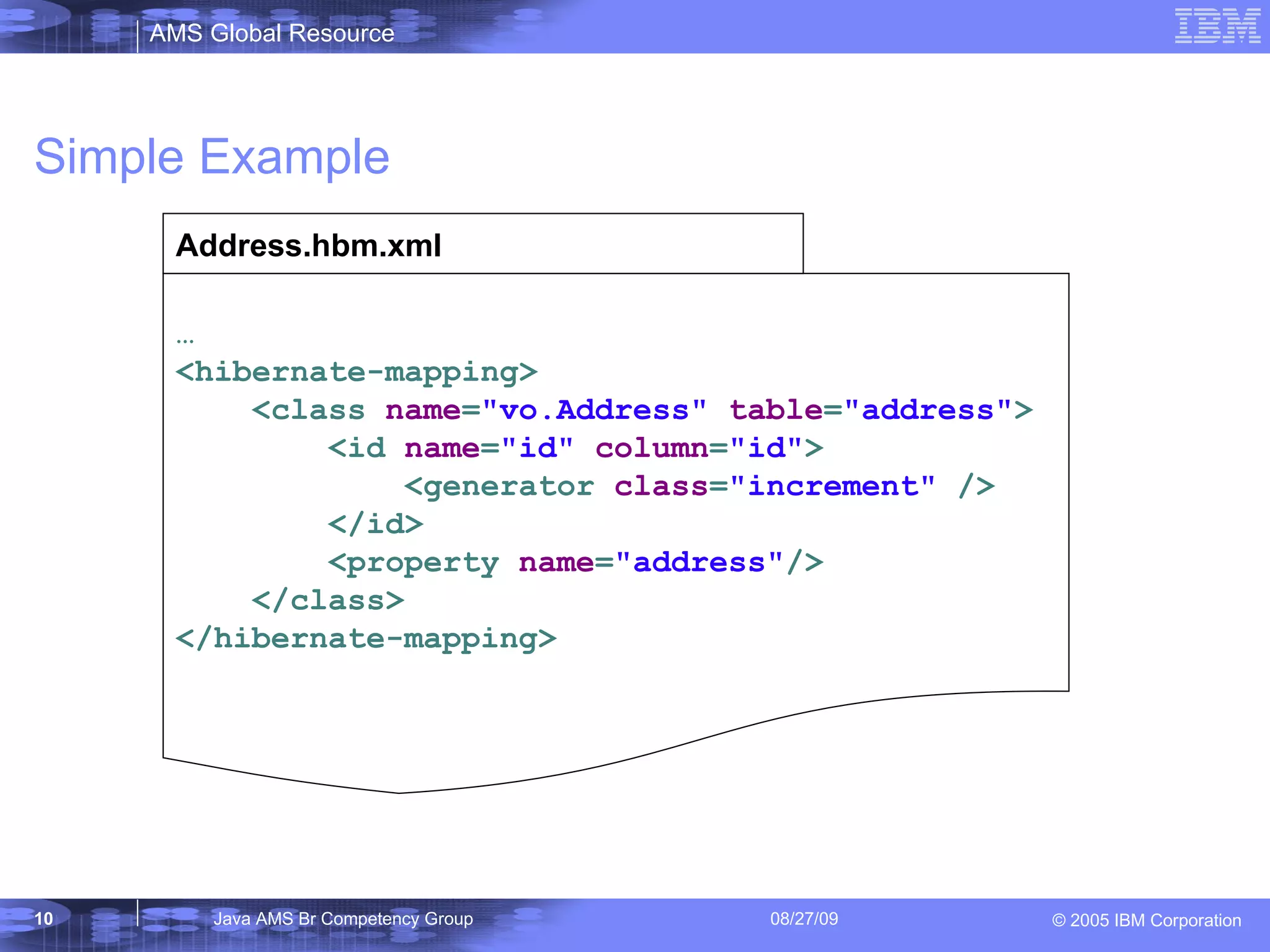 Simple Example … <hibernate-mapping> <class name = &quot;vo.Address&quot; table = &quot;address&quot; > <id name = &quot;id&quot; column = &quot;id&quot; > <generator class = &quot;increment&quot; /> </id> <property name = &quot;address&quot; /> </class> </hibernate-mapping> Address.hbm.xml 