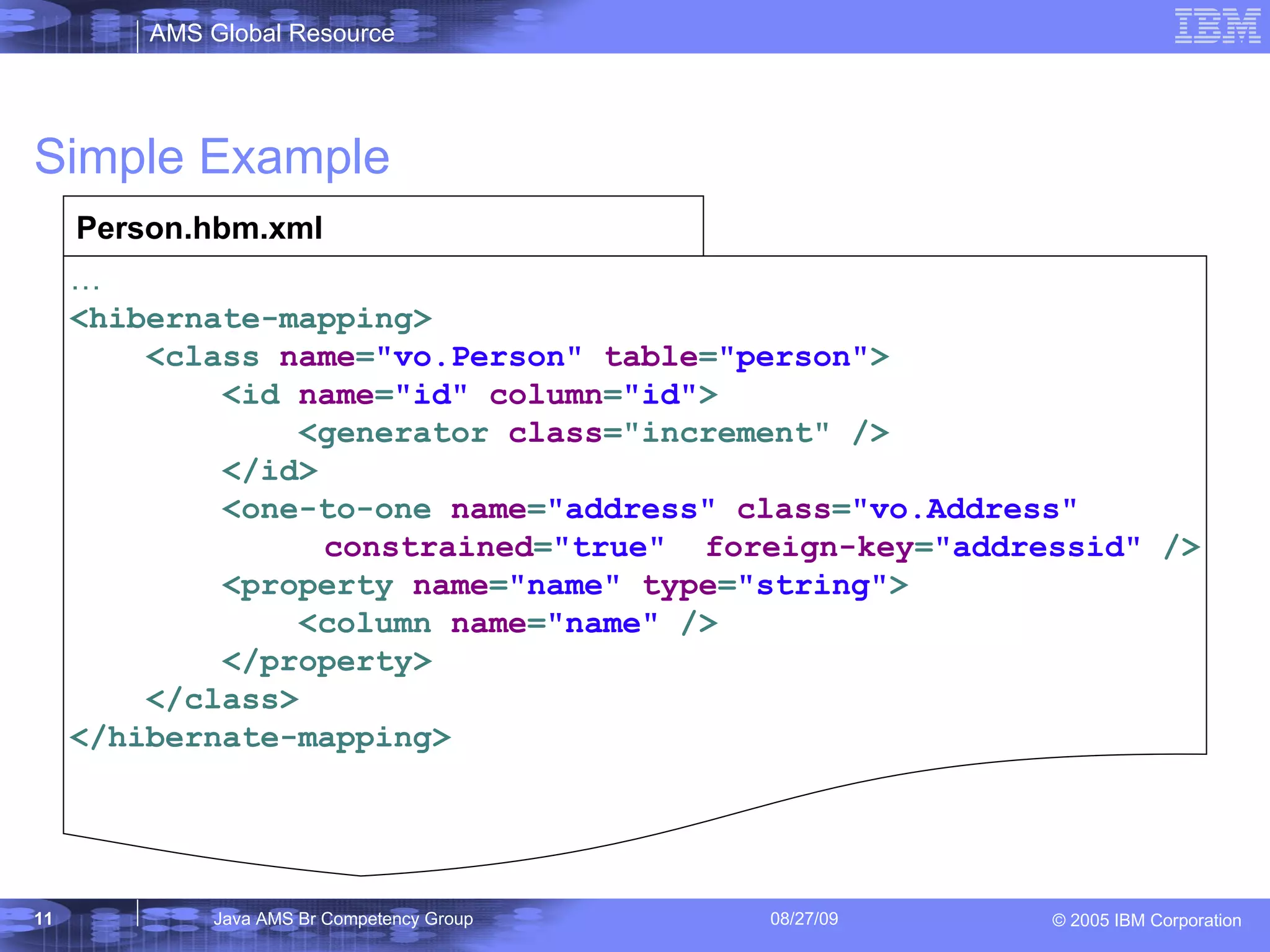 Simple Example … <hibernate-mapping> <class name = &quot;vo.Person&quot; table = &quot;person&quot; > <id name = &quot;id&quot; column = &quot;id&quot; > <generator class =&quot;increment&quot; /> </id> <one-to-one name = &quot;address&quot; class = &quot;vo.Address&quot; constrained = &quot;true&quot; foreign-key = &quot;addressid&quot; /> <property name = &quot;name&quot; type = &quot;string&quot; > <column name = &quot;name&quot; /> </property> </class> </hibernate-mapping> Person.hbm.xml 