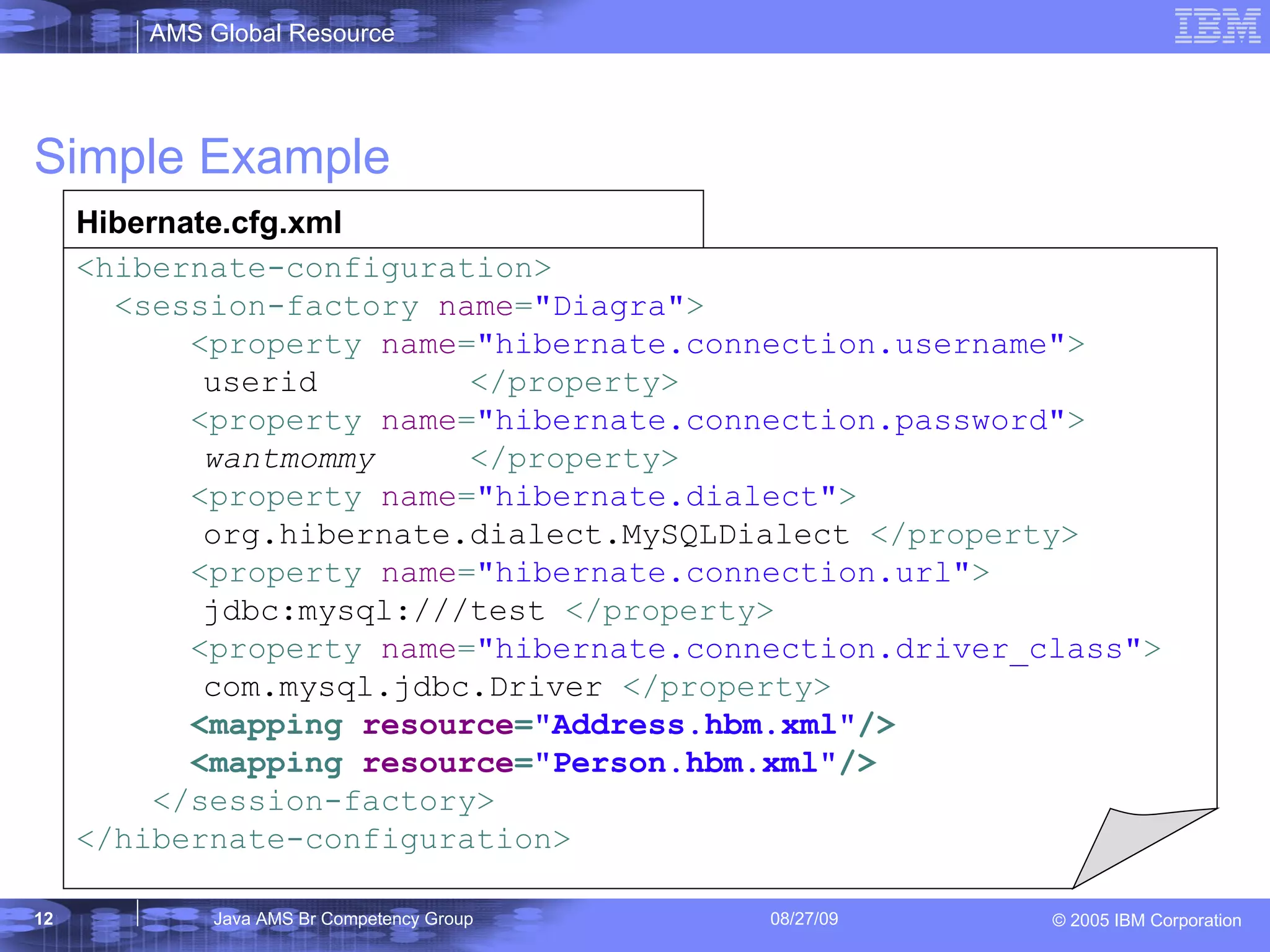 Simple Example Hibernate.cfg.xml <hibernate-configuration> <session-factory name = &quot;Diagra&quot; > <property name = &quot;hibernate.connection.username&quot; > userid </property> <property name = &quot;hibernate.connection.password&quot; > wantmommy </property> <property name = &quot;hibernate.dialect&quot; > org.hibernate.dialect.MySQLDialect </property> <property name = &quot;hibernate.connection.url&quot; > jdbc:mysql:///test </property> <property name = &quot;hibernate.connection.driver_class&quot; > com.mysql.jdbc.Driver </property> <mapping resource = &quot;Address.hbm.xml&quot; /> <mapping resource = &quot;Person.hbm.xml&quot; /> </session-factory> </hibernate-configuration> 