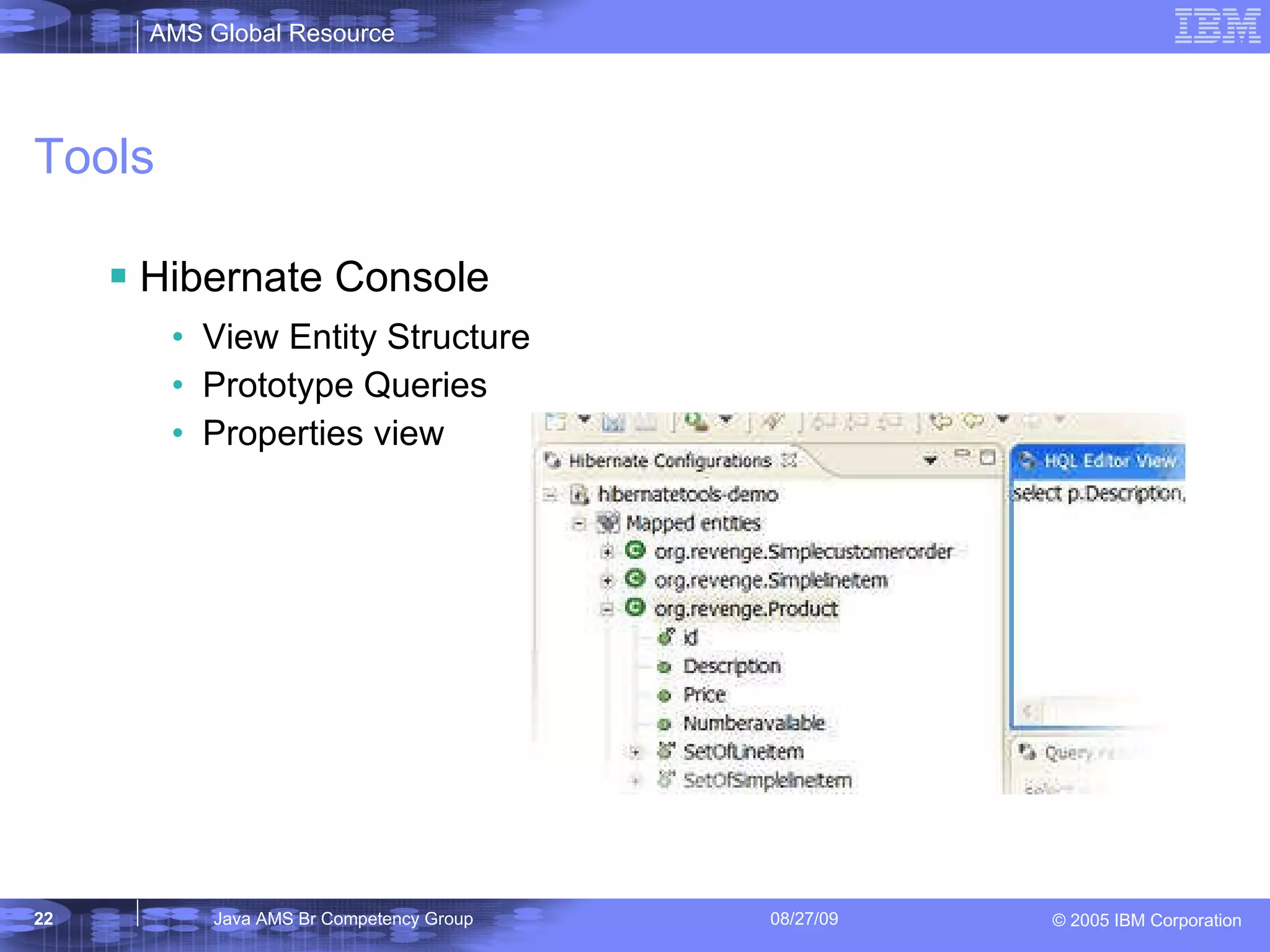 Tools Hibernate Console View Entity Structure Prototype Queries Properties view 