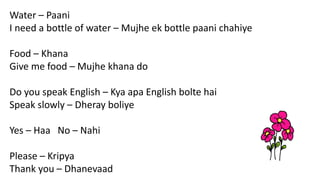 Water – Paani
I need a bottle of water – Mujhe ek bottle paani chahiye
Food – Khana
Give me food – Mujhe khana do
Do you speak English – Kya apa English bolte hai
Speak slowly – Dheray boliye
Yes – Haa No – Nahi
Please – Kripya
Thank you – Dhanevaad
 